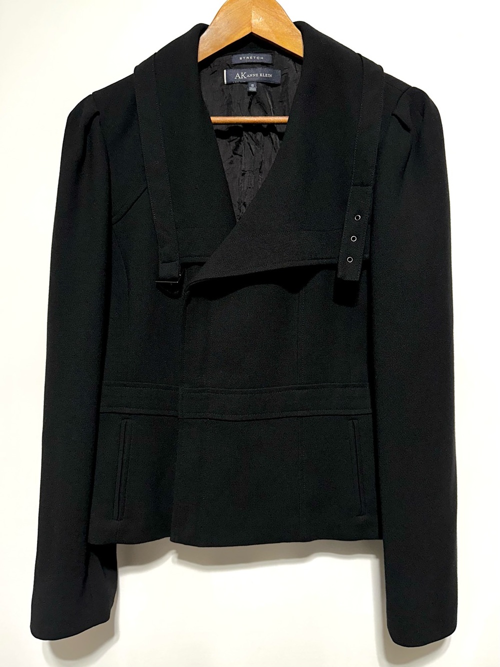 Anne Klein Black Asymmetrical Moto Jacket Buckle Collar Size 10